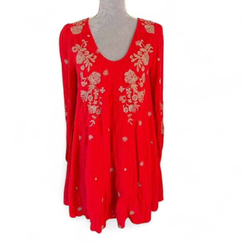 FREE PEOPLE Red Embroidered Boho‎ Tunic Dress Long Sleeve Cutout Back Small